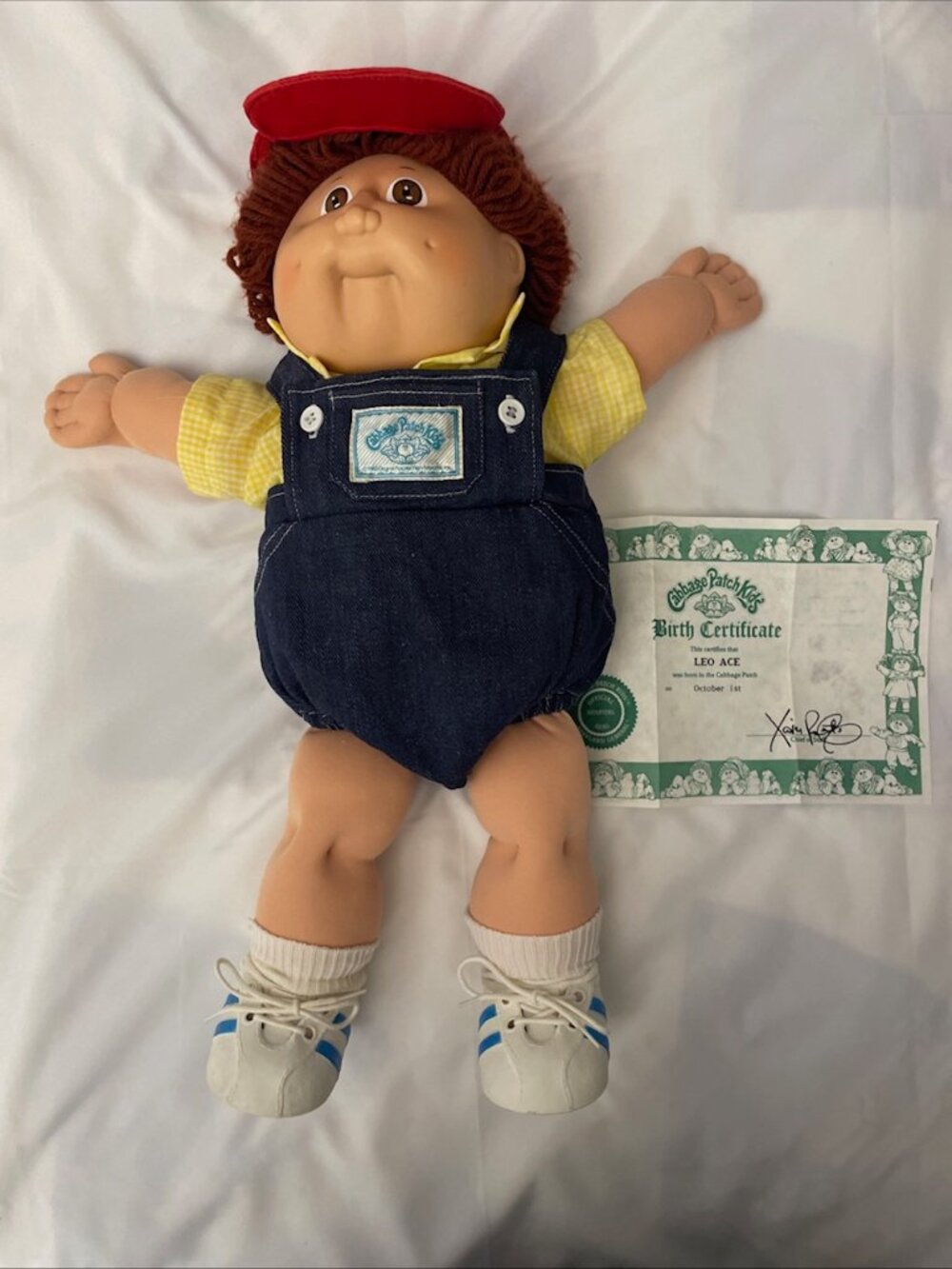 Cabbage Patch Kids Vintage 1985 Doll Denim Overalls Hat Shirt Shoes Certificate